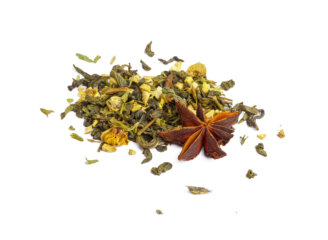 Green tea with dry flowers on white background. Close up